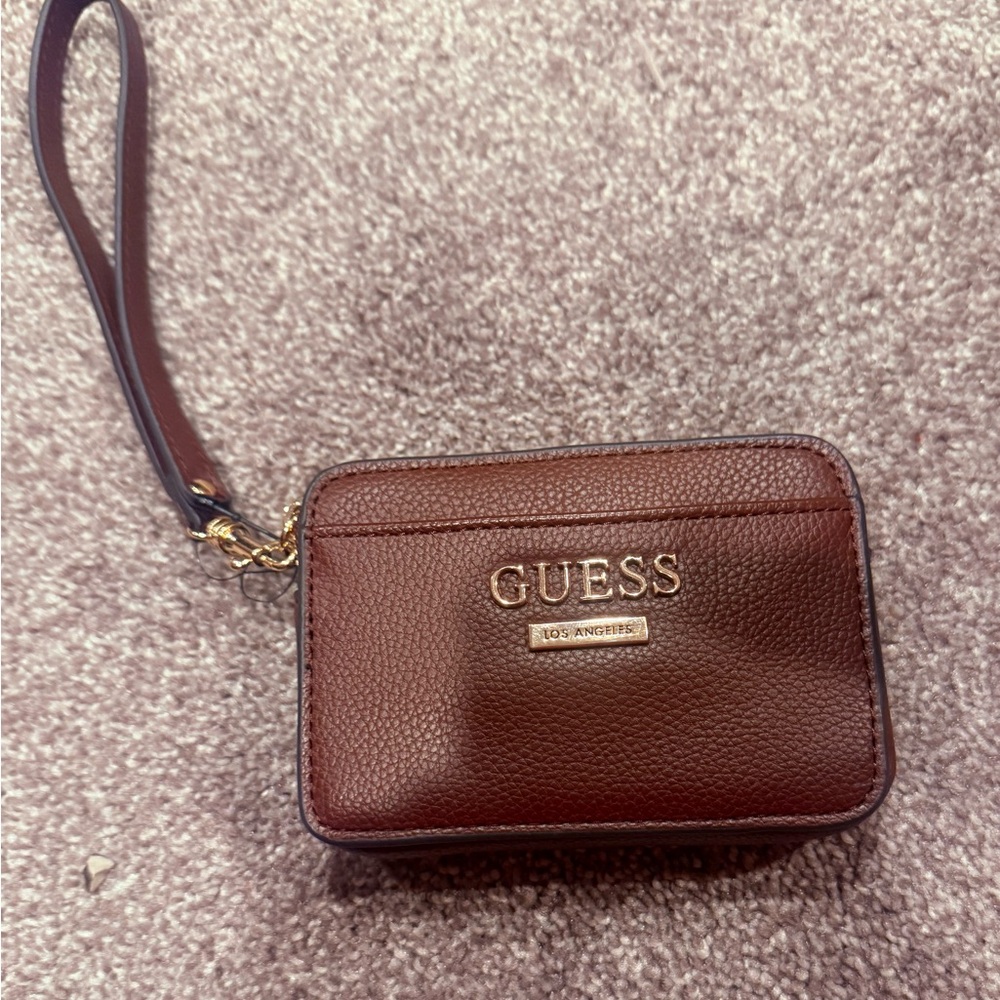GUESS Oxblood Leather Wristlet Card Holder with Gold Accent